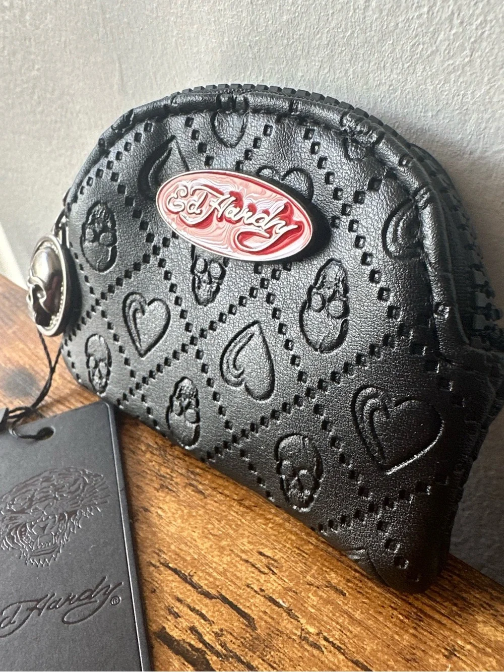 Ed Hardy Black Faux Leather Skull Embossed Coin Pouch Bag Charm Keychain NWT